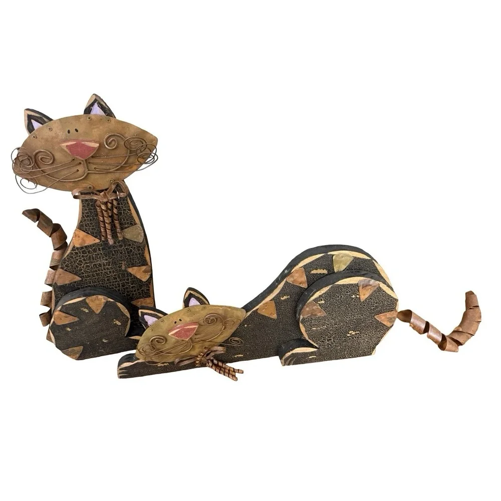 Rustic Tin Metal and Wood Cat Figurines Statutes‎ Spring Tail Sit Down Laydown